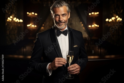 A sophisticated man in a black tuxedo and bow tie, standing suavely amidst a retro cocktail party with champagne glasses shimmering in the soft lights