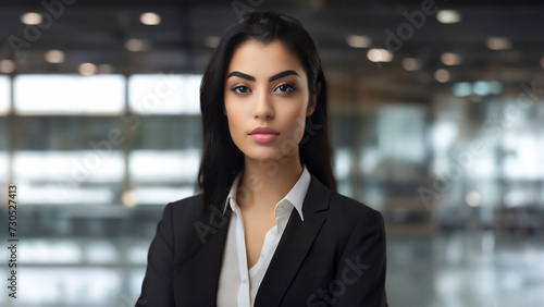 A professional woman in a business suit stands confidently in an office environment, her identity concealed for privacy. The blurred background suggests a busy, dynamic workplace setting