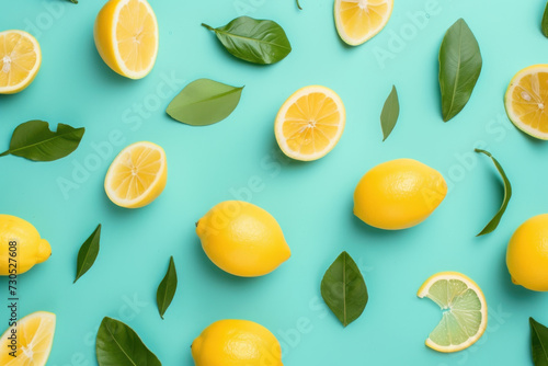 Top view flat lay seamless pattern with lemons and green leaf on blue background