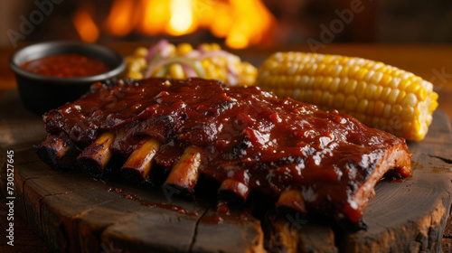 Smoky tender ribs slathered in a sticky fingerlicking BBQ sauce served with a side of ery corn on the cob and creamy mac and cheese. The crackling fire in the background adds photo