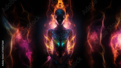 An ethereal silhouette bathed in intriguing light captivates the viewer. This enigmatic image evokes mystery, elegance, and transcendence. Perfect for artistic and fantasy themes