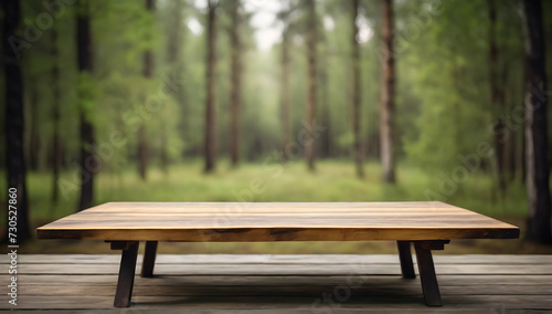 Beautiful blurred boreal forest background view with empty rustic wooden table for mockup product display. Picnic table with customizable space on table-top for editing. Flawless