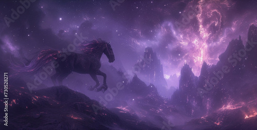 Papier peint A spectral creature a ghostly horse with a mane of flickering flames galloping through a dreamlike landscape of misty purple mountains and endless expanses of starry void