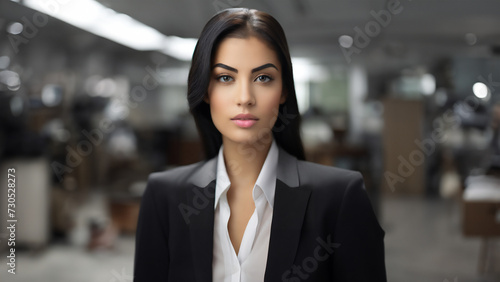 A professional woman in a business suit stands confidently in an office environment, her identity concealed for privacy. The blurred background suggests a busy, dynamic workplace setting