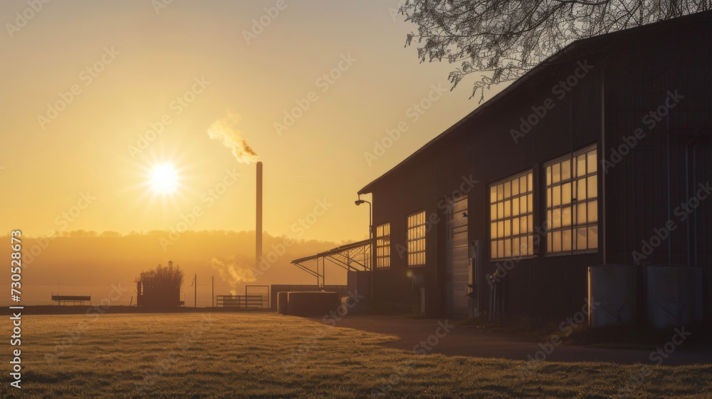 A small factory building its dark exterior contrasting against the warm hues of the sun as it sets behind it. A small factory building its dark exterior contrasting against the warm hues of the sun as it sets behind it.