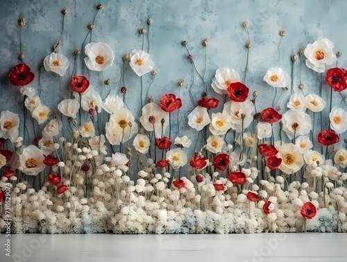 Red and white poppies flower on wooden background for backdrop, product display or poster design