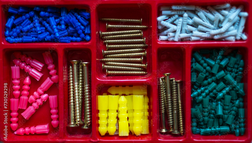 Organizador rojo de taquetes y tornillos de diferentes tamaños y colores