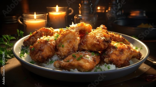 Delicious fried chicken with sweet and sour sauce on a wooden table with a blurred background