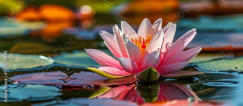 A sunny summer day captures a beautiful pink water lily in closeup. photo