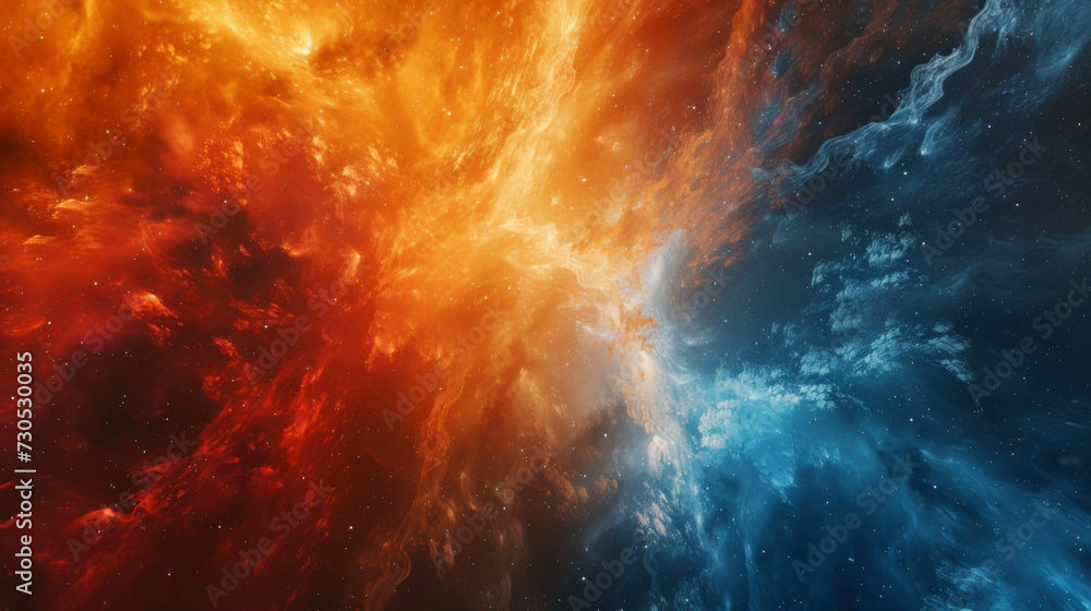 The collision of particles creates a chaotic display resembling a solar flare at the peak of its eruption. Fiery oranges and intense blues collide in a mesmerizing dance capturing