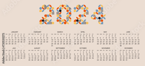 Happy New Year 2024 geometric template calendar. Colorful background for greeting card, cover, banner, poster. Holiday premium vector concept. Week Starts on Monday.