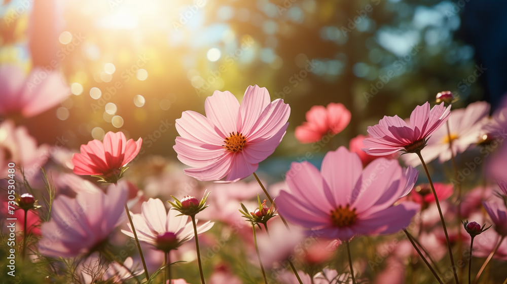 Pink cosmos flowers in the garden and a shining sun on a natural background.