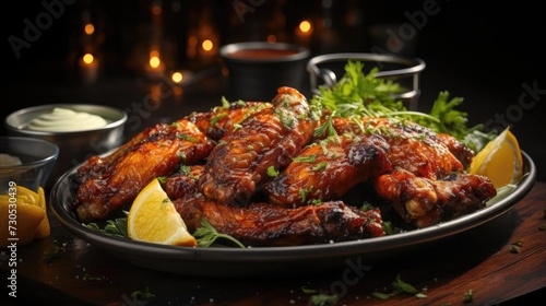 Buffalo wings with melted hot sauce on a wooden table with a blurred background