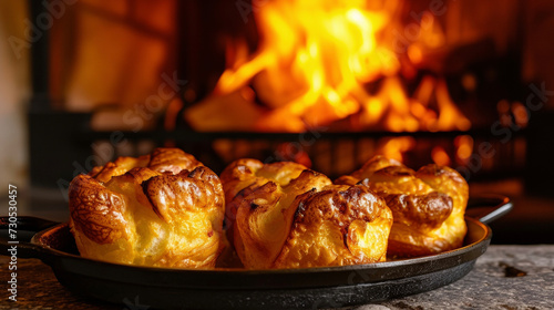 These golden brown Yorkshire puddings have risen beautifully beside the cozy warmth of the fireplace ready to be devoured with a Sunday roast. photo