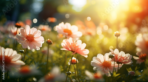 Beautiful white flowers blooming in the garden and a shining sun on a natural background