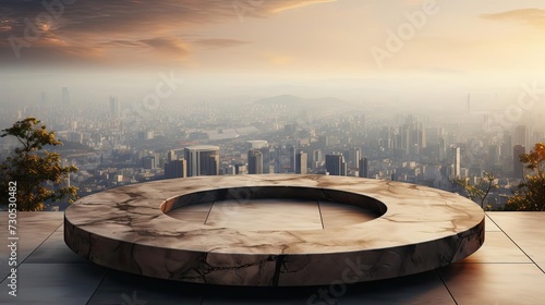 3d circle rock podium product stand or display with Sky and city background and cinematic light
