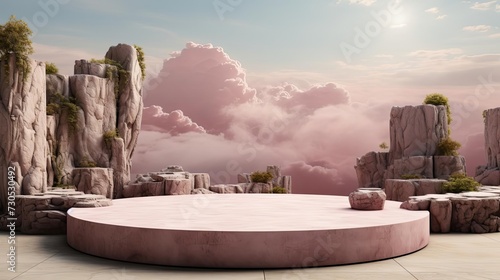 3d circle rock podium product stand or display with sky and cloud background and cinematic light © GradPlanet