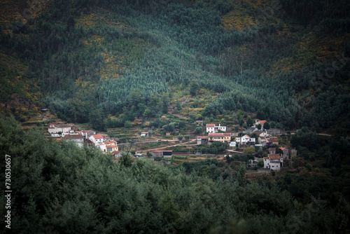 A village on a foggy morning in the Serra da Estrela mountains in Portugal.
