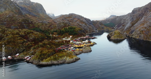 Serene Nusfjord: Aerial View of a Traditional Fishing Village in Norway