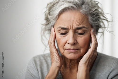 A visually striking image of a senior woman, her face etched with lines of pain and exhaustion, as she battles a migraine headache in isolation on a stark white background.  photo