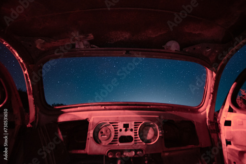 Rusted, Beetle Car, Interior, Night Sky, Milky Way, Stars, Windshield, Windows, Rustic, Vintage, Abandoned, Decay