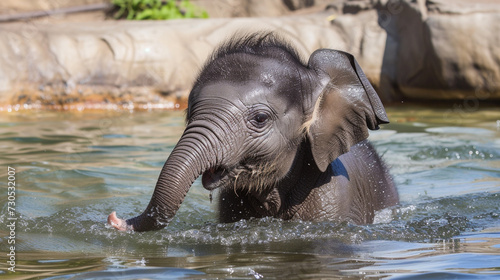 Playful elephant calf enjoying bathing in natural river