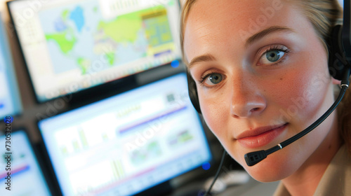 Close-up of a focused professional woman wearing a headset  monitoring data on multiple computer screens in a control room setting