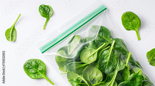 A sealed plastic bag with lots of spinach. Selected spinach in a transparent plastic bag in vegetable conservation concept for sale. photo