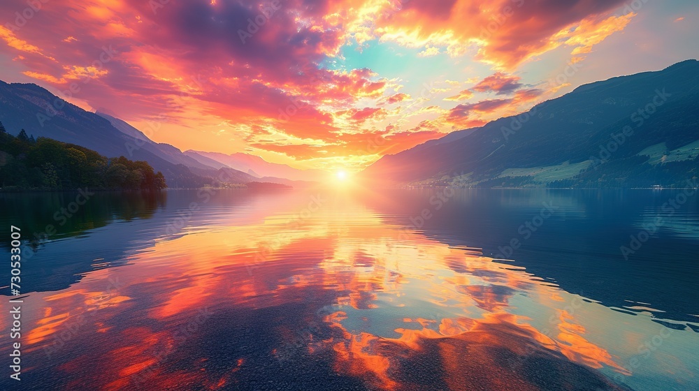 stunning sunrise over the lake with vibrant colors reflecting in the water in a zen and calm enviroment - obrazy, fototapety, plakaty 