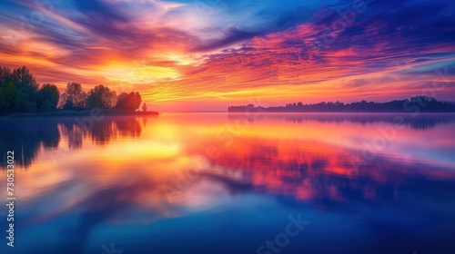 stunning sunrise over the lake with vibrant colors reflecting in the water in a zen and calm enviroment