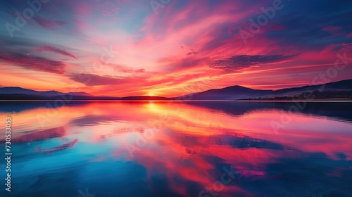 stunning sunrise over the lake with vibrant colors reflecting in the water in a zen and calm enviroment © Jennifer