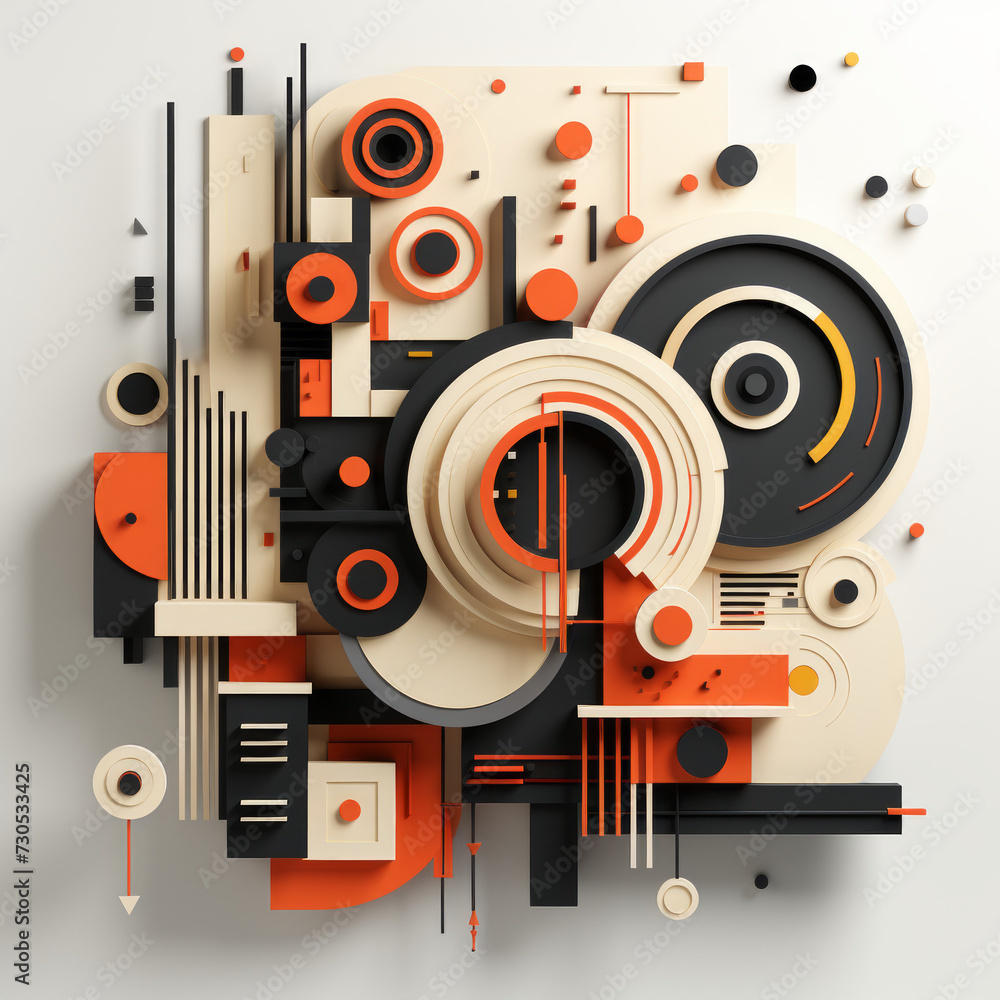 Abstract 3D Composition of Geometric Shapes in Orange and Black Tones

