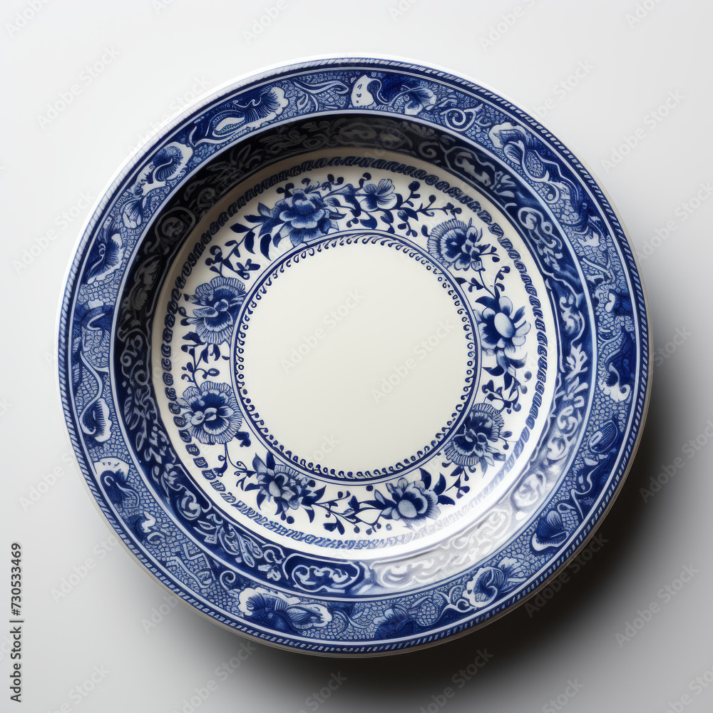 Vintage Blue and White Porcelain Plate on White Background

