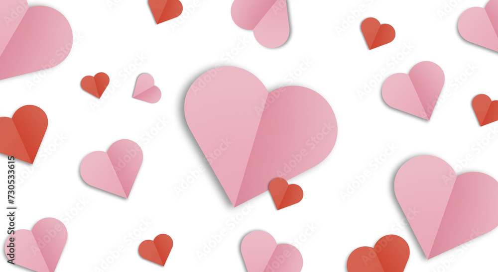 Pink and Red paper hearts isolated on transparent background. Valentine`s day. Red Heart with shadow.