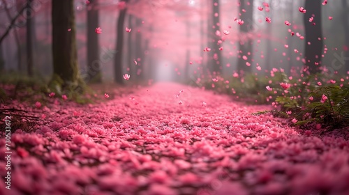 Cherry Blossom Whispers - Mid-Range Pathway Blanketed in Pink Petals, Defocused Elegance Conjuring a Fairy Tale Atmosphere in Nature's Enchanting Symphony. Made with Generative AI Technology