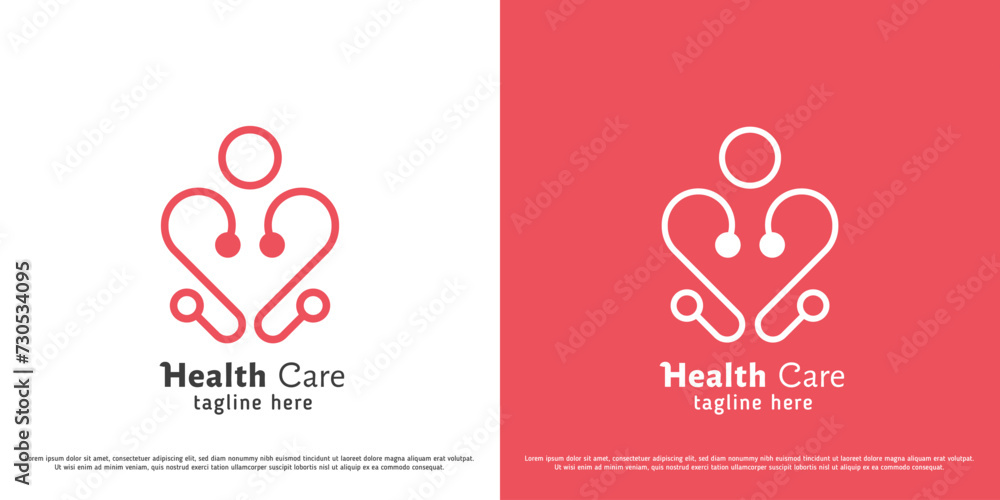 Health care logo design illustration. Silhouette of doctor midwife stethoscope heart person hospital clinic charity help support mental illness medicine. Minimal geometric icon symbol calm gentle. - obrazy, fototapety, plakaty 