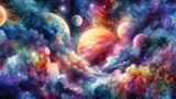 Vibrant watercolor cosmic scene with planets and nebula