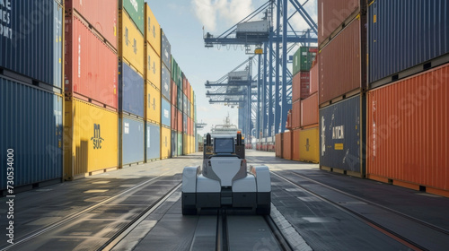 An innovative automated guided vehicle navigating a busy harbor autonomously moving containers from ship to shore.