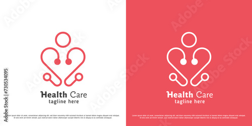 Health care logo design illustration. Silhouette of doctor midwife stethoscope heart person hospital clinic charity help support mental illness medicine. Minimal geometric icon symbol calm gentle. photo