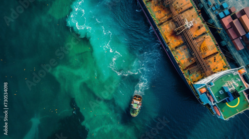 A shipping vessel undergoes ballast water treatment while docked at a port using chemical or physical ods to remove potential invasive species before they are released into