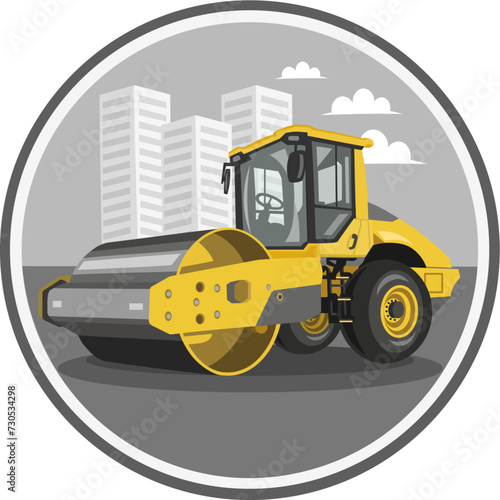 Yellow asphalt roller, steamroller, road roller vector image in circle with urban landscape on background during road works. Construction trucks collection