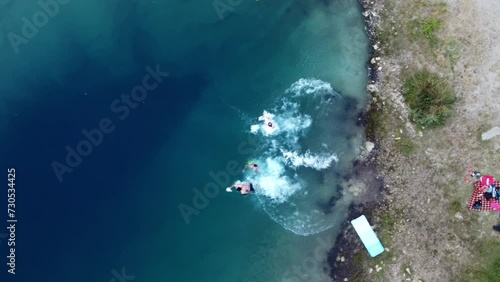 Young Adults jump headfirst into cold water of Izvor Cetine, Aerial