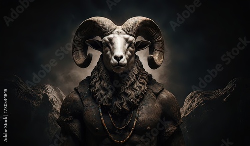 Ancient god. Statue of a ram on a black background