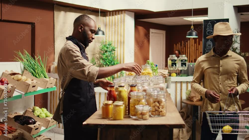 African american farmer opening local zero waste store with natural additives free bulk products and homegrown produce. Merchant preparing goods in reusable jars at eco supermarket. Camera B. African american farmer opening local zero waste store with natural additives free bulk products and homegrown produce. Merchant preparing goods in reusable jars at eco supermarket. Camera B.