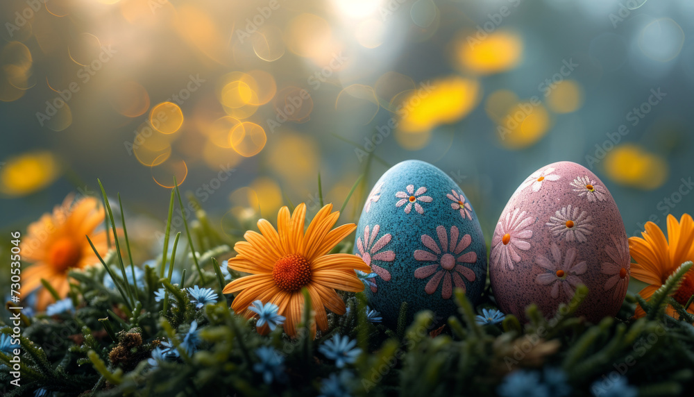 Hand-Painted Easter Eggs Amongst Spring Blooms Hand-Painted Easter Eggs Amongst Spring Blooms