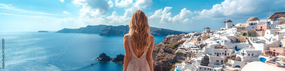 Santorini travel tourist woman on vacation in Oia walking at the village. A person in dress visiting the famous white village with the Mediterranean sea and blue domes. Europe summer destination - obrazy, fototapety, plakaty 