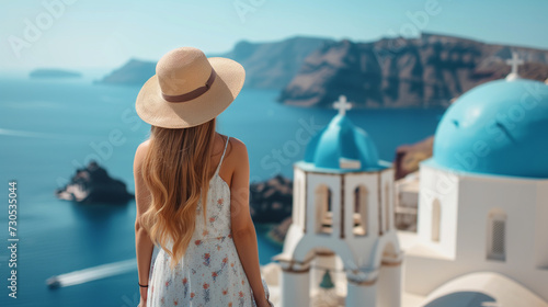 woman walking in the village enjoying Oia, Santorini Greece cruise vacation. Sun getaway visiting the Greek village with whitewashed buildings and blue domes, summer European concept