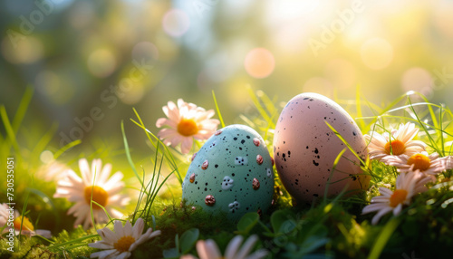Sunlit Easter Eggs in a Bed of Daisies