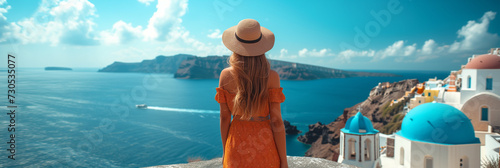 Travel Europe summer holiday girl enjoying Oia, Santorini Greece cruise vacation. Sun getaway visiting the greek village with whitewashed buildings and blue domes