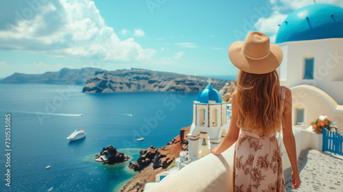 Santorini travel tourist woman on vacation in Oia walking at the village. A person in dress visiting the famous white village with the Mediterranean sea and blue domes. Europe summer destination